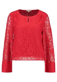 Czerwona koronkowa bluzka z długimi rękawami, z okrągłym dekoltem i detalem z wycięciem w kształcie łezki. Całość ozdobiona fakturowanym kwiatowym wzorem, jednolite mankiety.