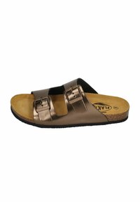Two-strap slide sandal in metallic bronze with adjustable buckles, cork footbed, and black textured outsole. Flat sole for comfort.