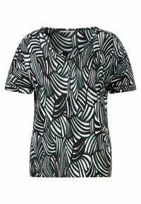 Camiseta en blanco y negro con cuello en V que presenta un patrón abstracto de hojas con acentos verdes, mangas cortas y una textura de tela suave.