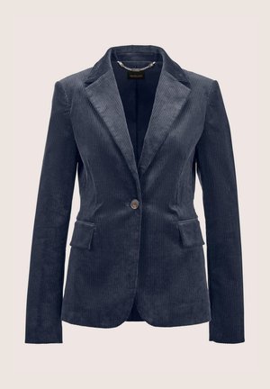 Marineblauwe corduroy blazer met een enkele knoopsluiting, notch revers, lange mouwen en twee voorste met flappen zakken.