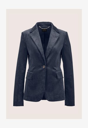 Navyblaue Cordjacke mit einem einzelnen Knopfverschluss, Reverskragen, langen Ärmeln und zwei vorderen Klapptaschen.