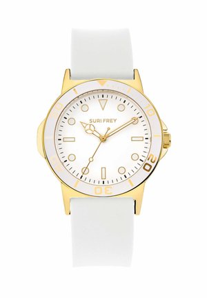Goldene und weiße Suri Frey Armbanduhr mit weißem Zifferblatt, goldenen Markierungen und weißem Armband, die 10:09:36 anzeigt.