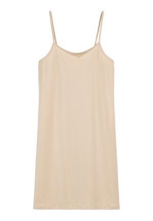 Lichtbeige slipdress met dunne verstelbare banden, een gladde textuur, A-lijnvorm en een lengte tot de knie. Geen zichtbare patronen of hardware.