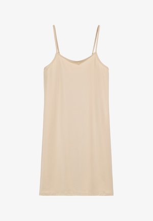 Lichtbeige slipdress met dunne verstelbare banden, een gladde textuur, A-lijnvorm en een lengte tot de knie. Geen zichtbare patronen of hardware.