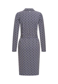 Abito navy a maniche lunghe, con un motivo geometrico a cerchi crema e giallo, design aderente con vita cinturata, lunghezza al ginocchio.
