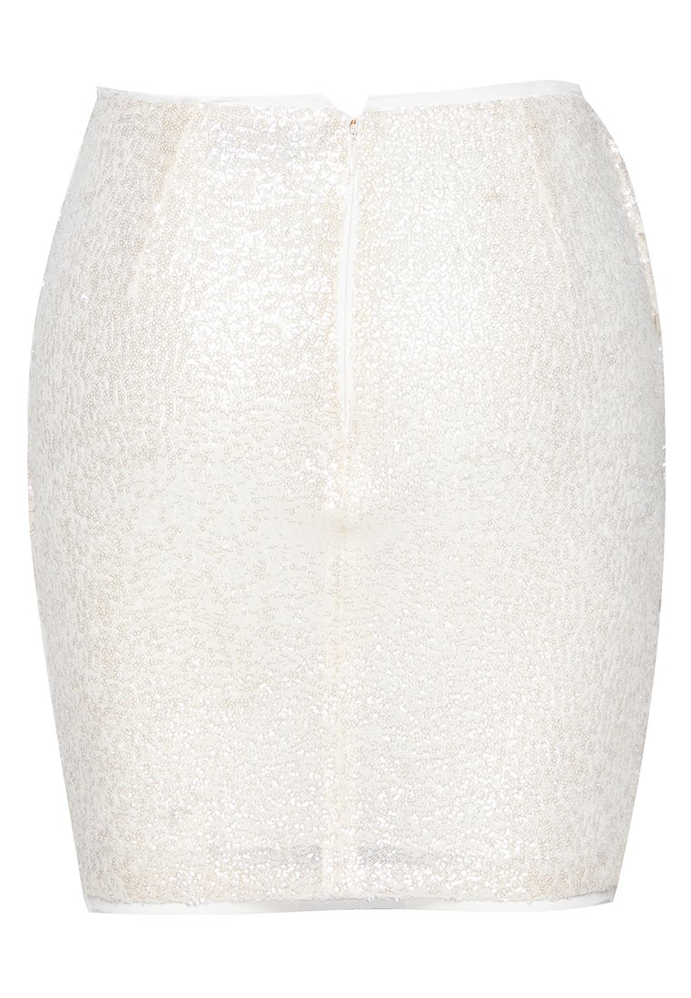 Pailletten-Minirock in Off-White, figurbetonte Form, strukturierte Oberfläche mit glänzenden Pailletten, Reißverschluss hinten in der Mitte, glatter Bund.