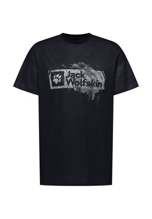 Zwarte katoenen t-shirt met een grijze grafische logo van "Jack Wolfskin" met een pootafdruk, korte mouwen en een klassieke ronde hals.