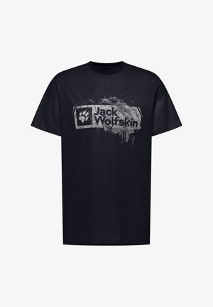 T-shirt nera in cotone con logo grafico grigio "Jack Wolfskin" con impronta di zampa, maniche corte e scollatura classica a girocollo.