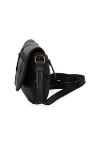 Borsa a tracolla nera in pelle con finitura testurizzata, chiusura a patta, tracolla regolabile e dettagli metallici per una maggiore durata.