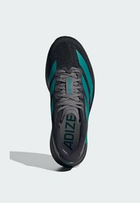 Black athletic shoe with teal stripes, featuring a textured upper and a cushioned sole. "ADIZERO" logo displayed on the tongue.
