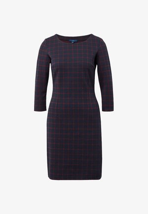 Robe bleu marine jusqu'aux genoux avec manches trois-quarts et motif à carreaux rouges, col rond, silhouette ajustée.