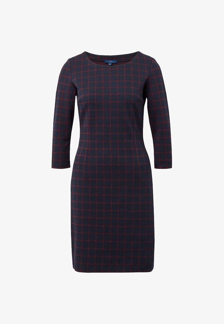 Robe bleu marine jusqu'aux genoux avec manches trois-quarts et motif à carreaux rouges, col rond, silhouette ajustée.
