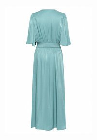 A long, flowing dress in light teal with a soft sheen, short sleeves, a smocked waist, and a relaxed fit for comfort.
