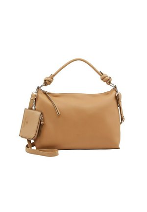 Tan synthetic shoulder bag with a knotted handle, zippered top, detachable cardholder, and adjustable shoulder strap. Smooth texture.