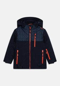 Marineblå polstret jakke med en strukturert blå overdel, oransje glidelåser og tre frontlommer. Har en avtagbar hette.