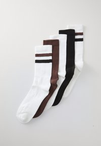 Five pairs of crew socks in white, brown, and black. Thick ribbed texture with horizontal stripes on the white pair.