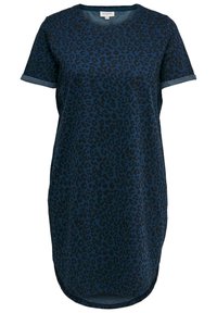 Marint blå t-shirt klänning med leopardmönster i mörka nyanser. Rund halsringning, korta ärmar och en hög-låg fålldesign. Tillverkad av bomull.