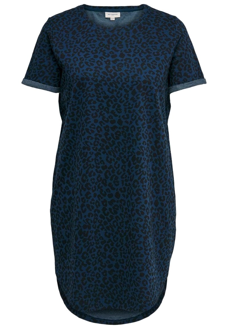 Marint blå t-shirt klänning med leopardmönster i mörka nyanser. Rund halsringning, korta ärmar och en hög-låg fålldesign. Tillverkad av bomull.