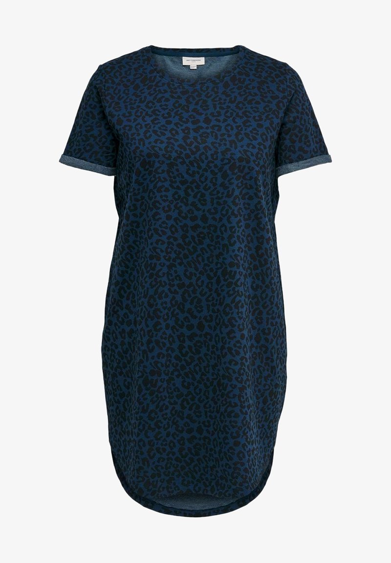 Tmavě modré tričko s leopardím potiskem v tmavých odstínech. Kolečkový výstřih, krátké rukávy a asymetrický lem. Bavlněný materiál.