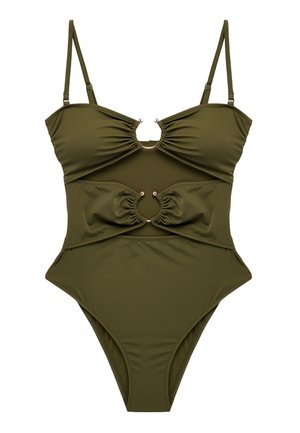 Costume intero verde oliva con spalline regolabili e due ritagli circolari sul seno e sull'addome, con dettagli in tessuto arricciato.
