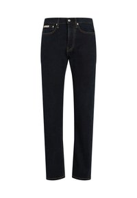 Jean en denim bleu foncé avec une coupe droite, coutures visibles dans une couleur orange contrastante, et un design classique à cinq poches.