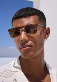 Occhiali da sole con montatura in tartaruga, lenti marroni e dettagli argentati. Il modello indossa una camicia bianca texturizzata. Cielo azzurro limpido sullo sfondo.