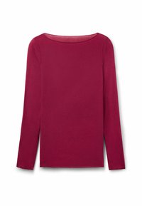 Langærmet tætsiddende crew neck sweater i solid dyb rød farve, vist fladt på en hvid baggrund.