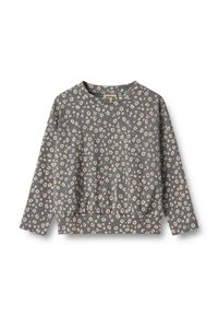Kwiatowy sweatshirt w szarym kolorze z długimi rękawami, okrągłym dekoltem i marszczonym dołem; zdobiony małymi, kremowymi wzorami kwiatowymi.