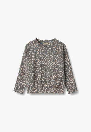 Blommig sweatshirt i grått tyg med långa ärmar, rund halsringning och gathered fåll; har små blommönster i krämfärg.