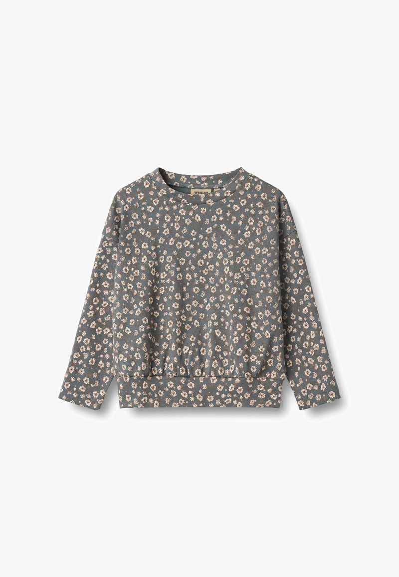 Blumiger Sweatshirt aus grauem Stoff mit langen Ärmeln, rundem Halsausschnitt und gerafftem Saum; mit kleinen, cremefarbenen Blumenmustern.
