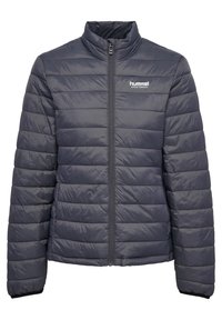 Mörkgrå pufferjacka med kviltat mönster, hög krage, full dragkedja fram och logotypdetaljer på vänster bröst. Slät textur.