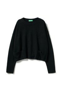 Maglione cropped nero realizzato in tessuto morbido, con colletto rotondo, orlo a coste e maniche ampie per un fit rilassato.
