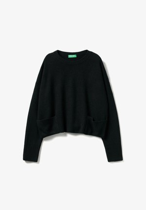 Zwarte cropped trui van zacht materiaal, met een ronde hals, geribbelde onderkant en brede mouwen voor een ontspannen pasvorm.