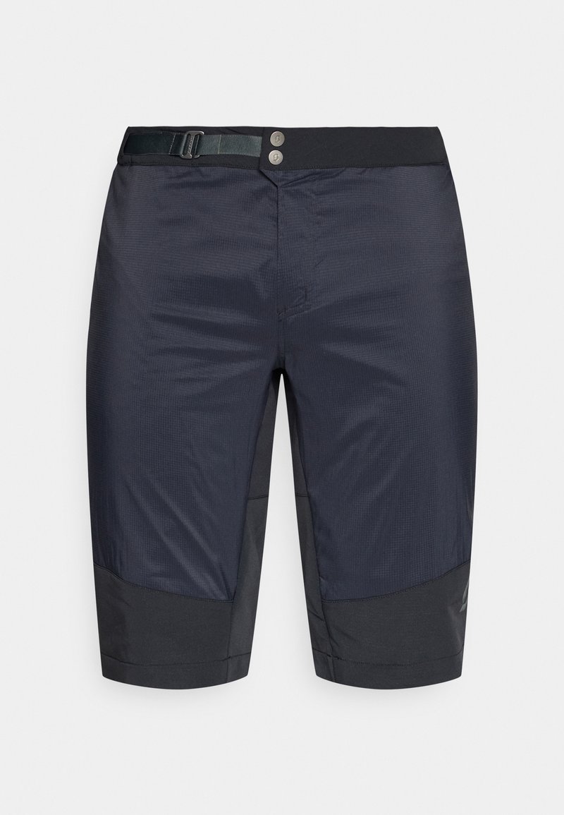 Schwarze Outdoor-Shorts für Herren mit verstellbarem Schnallenbund, Knopfverschluss und verstärkten Knieschonern.
