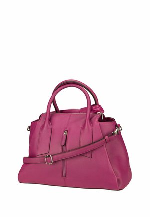 Pink leather handbag with two handles, an adjustable shoulder strap, and a front vertical zip pocket, set against a white background.