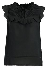Černý top s volánovým výstřihem a rukávy, s detailním prošíváním a krajkovým lemem. Vyrobeno z lehkého materiálu.