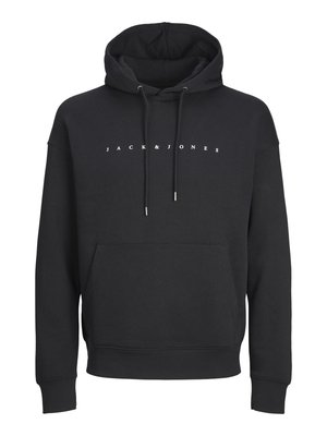 Hoodie noir en mélange de coton, avec une poche kangourou, un capuchon à lien de serrage et un logo blanc "JACK & JONES" centré à l'avant.