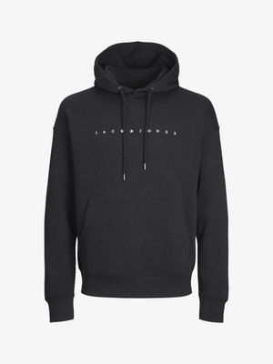 Sudadera negra de mezcla de algodón, con bolsillo tipo canguro, capucha ajustable y logo blanco "JACK & JONES" centrado en la parte frontal.