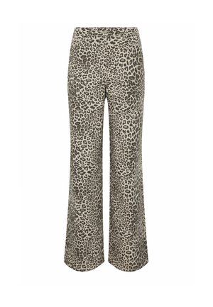 Pantalon à jambes larges avec un imprimé léopard beige et noir, taille haute, sans poches visibles ni ornements.