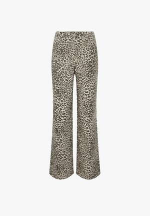 Pantalon à jambes larges avec un imprimé léopard beige et noir, taille haute, sans poches visibles ni ornements.