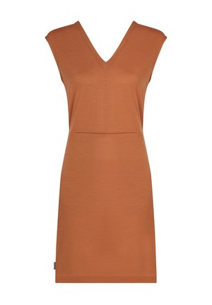 Robe courte sans manches de couleur rouille unie avec un col en V et une silhouette droite, confectionnée dans un tissu doux et léger.