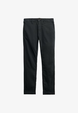 Sorte bukser med lige ben, forlukning med knap og lynlås foran, bæltestropper og sidelommer, vist fladt på en hvid baggrund.