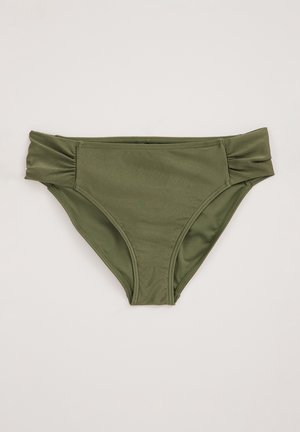 Olive green bikini bottom with a smooth texture, high-waisted design, and gathered side detailing. Ideal for swimwear ensembles.
