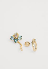 Gold floral earrings featuring blue and pink gemstones. Designs include a petal accent and a circular stud complementing the floral shape.