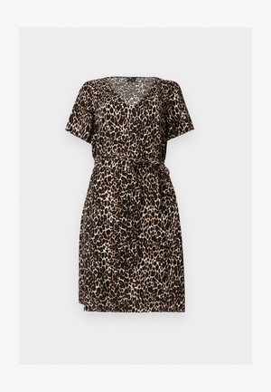 Vestito a maniche corte con scollo a V, stampa leopardata marrone e nera e cintura in tessuto abbinato annodata in vita, lunghezza al ginocchio.
