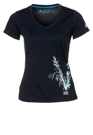 Zwart T-shirt met korte mouwen en V-hals met lichtblauwe botanische print linksonder en klein Vaude-logo onder de print.