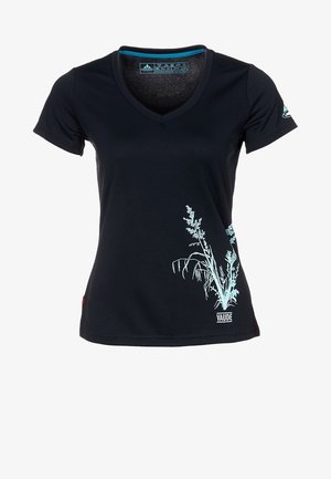 Zwart T-shirt met korte mouwen en V-hals met lichtblauwe botanische print linksonder en klein Vaude-logo onder de print.