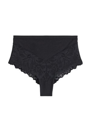 Mustat korkeavyötäröiset alushousut, joissa on kukkakoristeinen pitsi, sileä kangas, aaltoilevat reunat ja muotoiltu design mukavuutta ja peittävyyttä varten.