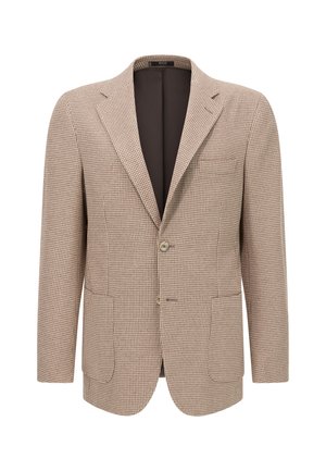 Blazer marrón a cuadros hecho de tela texturizada, con cierre de un botón, solapas de muesca y dos bolsillos laterales.