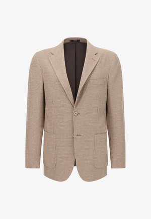 Bruine geblokte blazer gemaakt van textuurstof, met een enkele knoopsluiting, notch-revers en twee zijzakken.